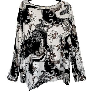 CHICOS Women’s Asymmetrical Top Black/White/Cream‎ Paisley Crew Long Sleeve 3/L